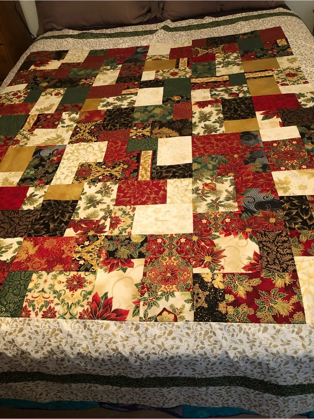 ONE OF A KIND— HANDCRAFTED Christmas Quilt in Red, Green, Gold, Cream